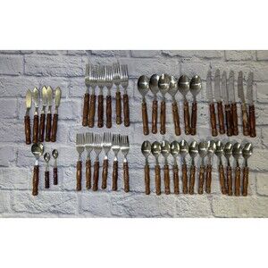 Vintage Lot Of Harbor House Stainless Silverware Set Wood Handle 6 Place Sets